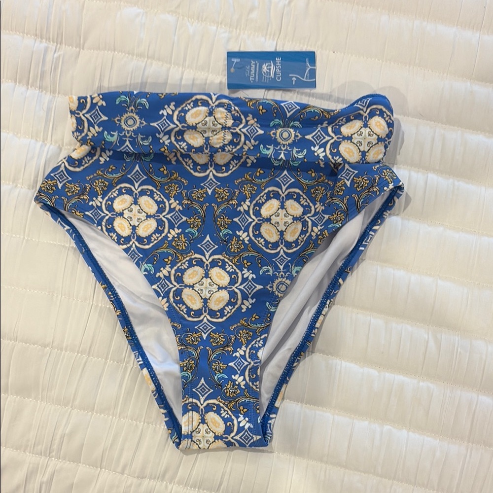 Blue and white  High-Waisted Bikini Bottoms